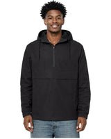 Rewind Water-Resistant Anorak in Blackout, worn by a model, front view with the half zip closed