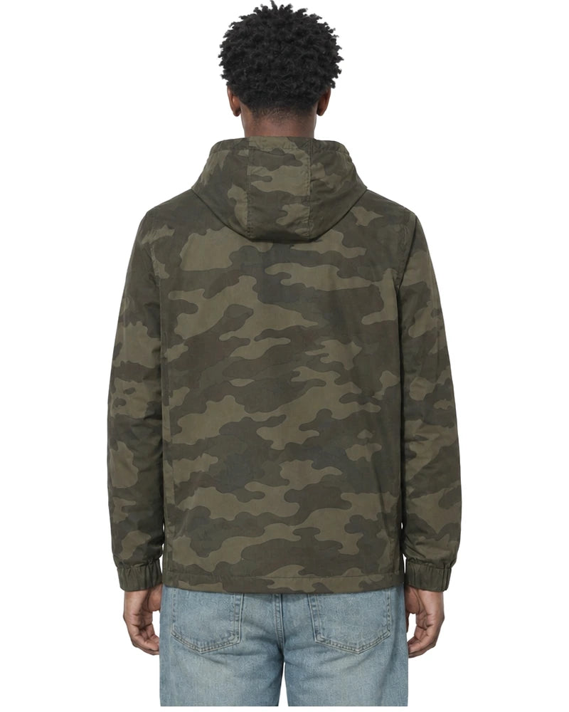 Rewind Water-Resistant Anorak in Forest Camo, worn by a model, back view with the hood down
