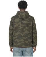 Rewind Water-Resistant Anorak in Forest Camo, worn by a model, back view with the hood down