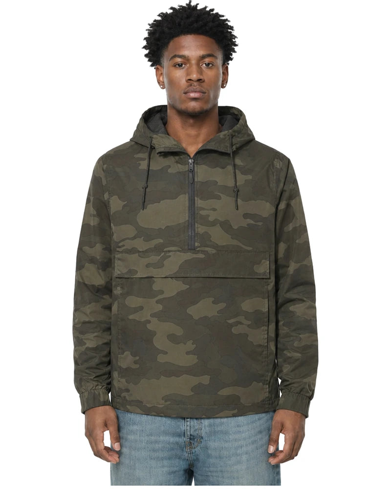 Rewind Water-Resistant Anorak in Forest Camo, worn by a model, front view with the half zip closed