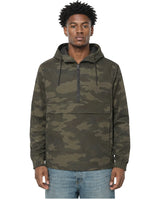 Rewind Water-Resistant Anorak in Forest Camo, worn by a model, front view with the half zip closed
