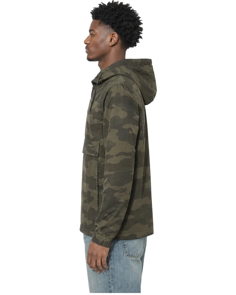 Rewind Water-Resistant Anorak in Forest Camo, worn by a model, side view
