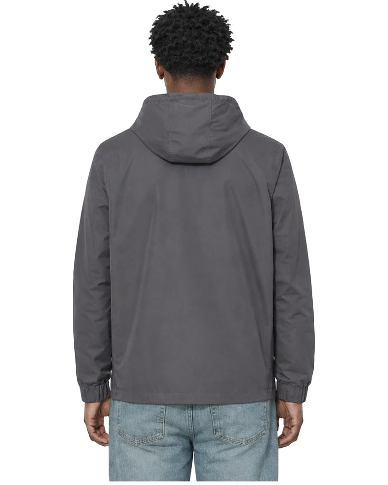 Rewind Water-Resistant Anorak in Graphite, worn by a model, back view with the hood down