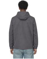 Rewind Water-Resistant Anorak in Graphite, worn by a model, back view with the hood down