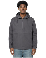Rewind Water-Resistant Anorak in Graphite, worn by a model, front view with the half zip closed