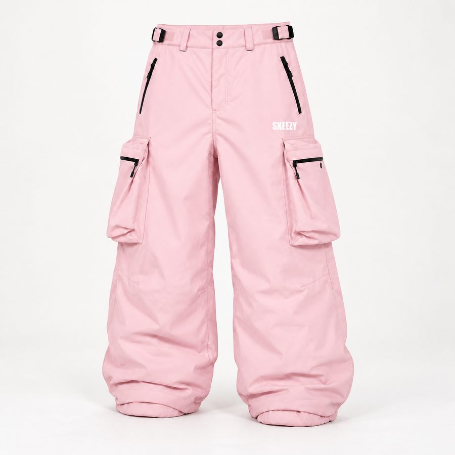 Baby Pink SKEEZY baggy cargo snowpants — digital design preview