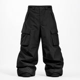 Sidehit Baggy Cargo Snow Pant in Black, front view, studio render showing the wide leg, snap-flap thigh cargo pockets and elasticated cuffs