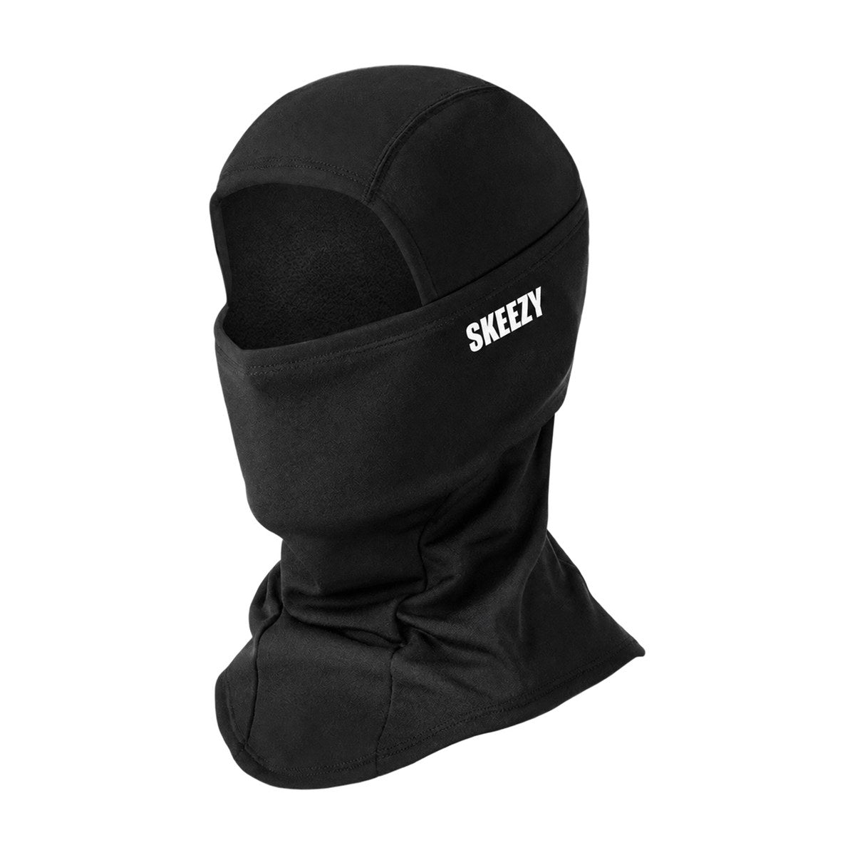 Design mockup: black fleece balaclava with a white SKEEZY wordmark on the face panel