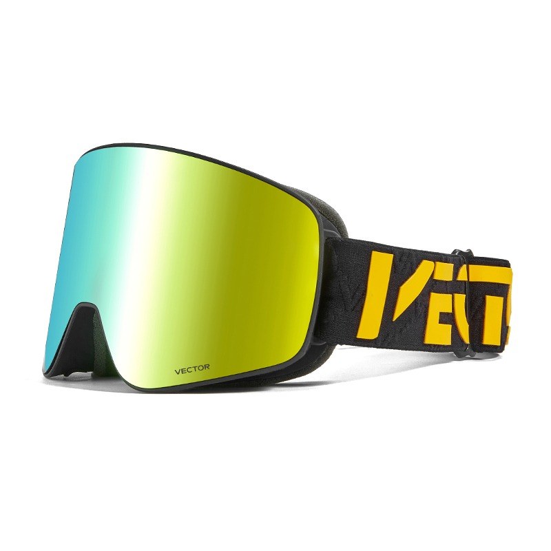 Cylindrical snow goggle with a black frame, gold mirror lens and black strap with yellow brand lettering