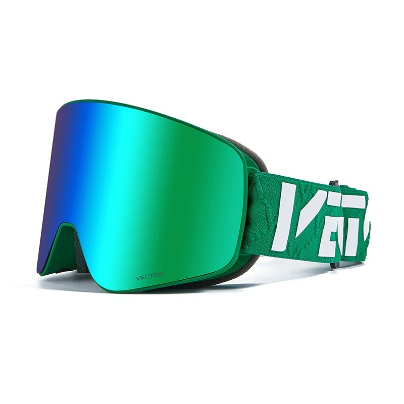 Cylindrical snow goggle with a green frame, green mirror lens and green strap with white brand lettering