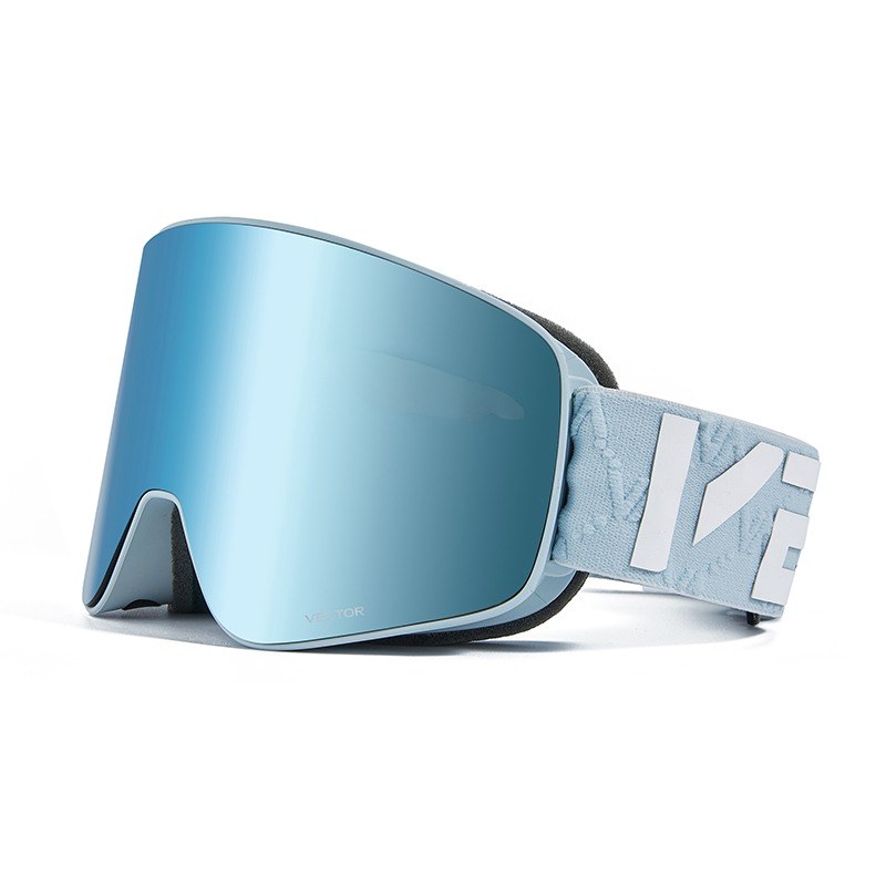 Cylindrical snow goggle with a light blue frame, ice-blue mirror lens and light blue strap with white brand lettering