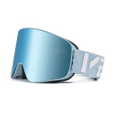 Cylindrical snow goggle with a light blue frame, ice-blue mirror lens and light blue strap with white brand lettering