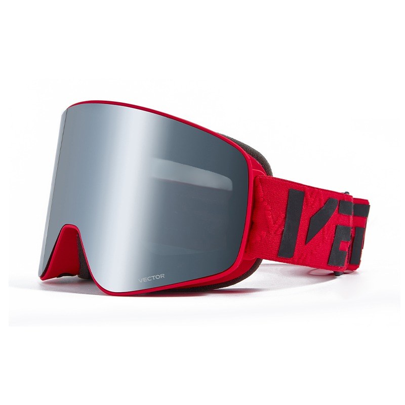 Cylindrical snow goggle with a red frame, silver mirror lens and red strap with black brand lettering