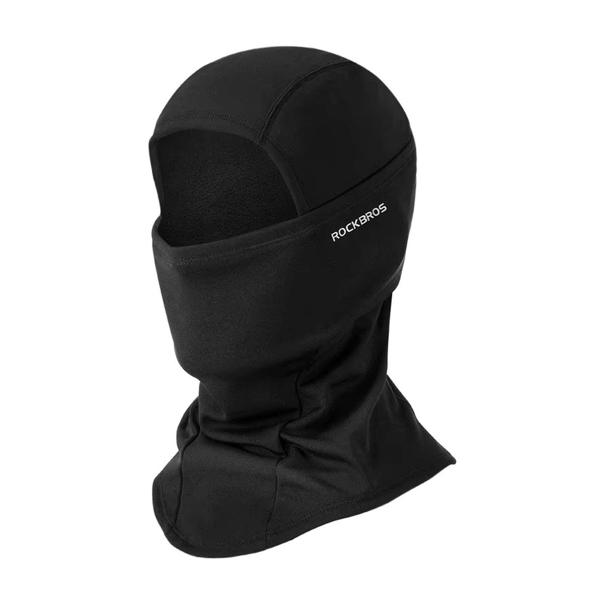 Black fleece balaclava with a hood, a face panel over the nose and mouth with a small white printed wordmark, and a long neck section, on a white background