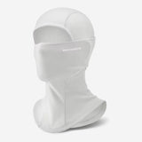 Light grey fleece balaclava with a hood, a face panel with a small white printed wordmark, and a long flared neck, on a light grey background
