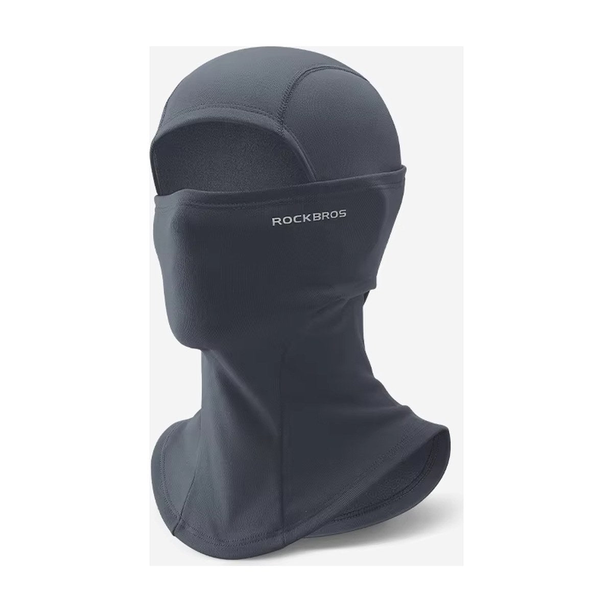 Slate grey fleece balaclava with a hood, a face panel with a small light grey printed wordmark, and a long flared neck, on a light grey background