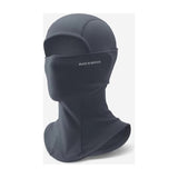Slate grey fleece balaclava with a hood, a face panel with a small light grey printed wordmark, and a long flared neck, on a light grey background