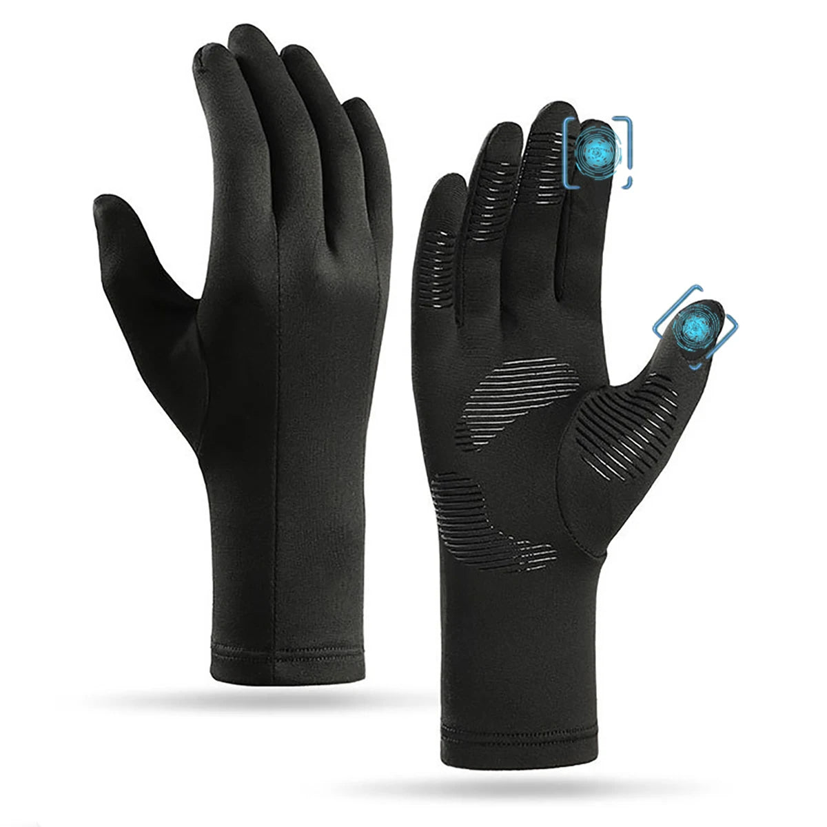 First Chair Touchscreen Glove Liner in Blackout, with the touchscreen thumb and index fingertips marked and the silicone grip print on the palm
