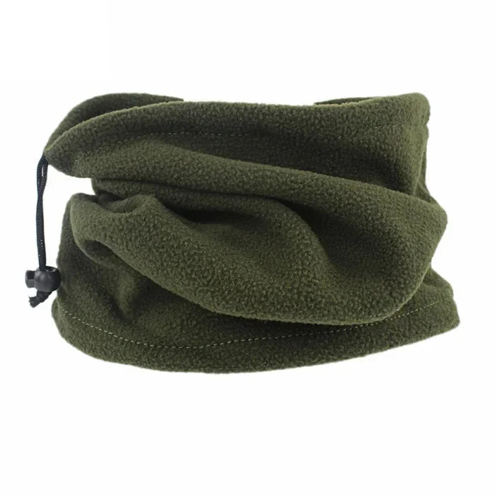 Fleece Neck Gaiter in Moss: army green polar fleece tube with a drawcord toggle at one end