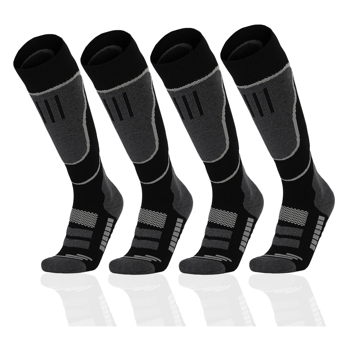 Knee-High Snow Socks 2 Pack in Blackout: two pairs of black knee-high socks with charcoal shin panels, heels and toes