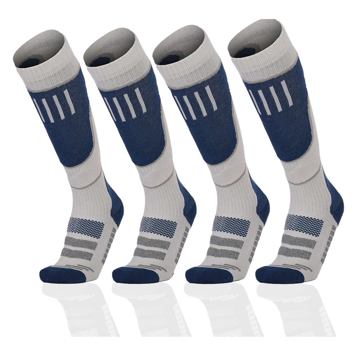 Knee-High Snow Socks 2 Pack in Grey/Navy: two pairs of light grey knee-high socks with navy shin panels, heels and toes