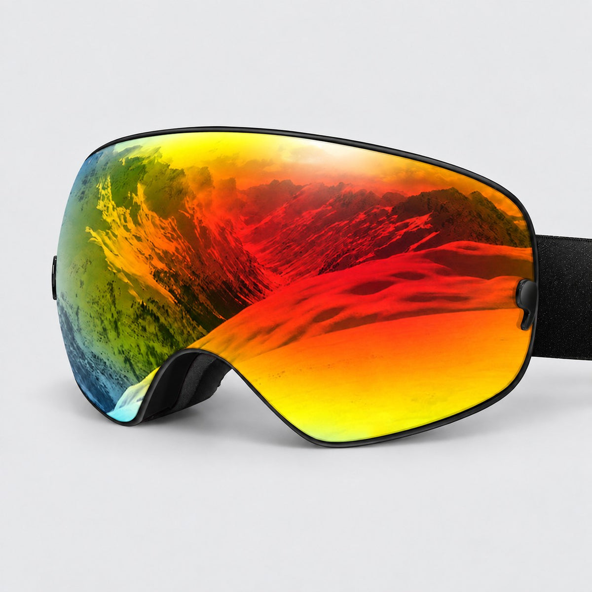 Spherical snow goggle, black frame edge, red-orange mirror lens, black strap