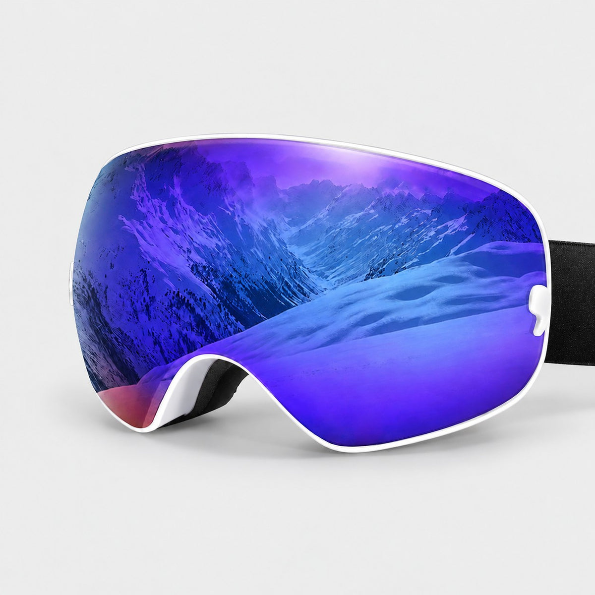 Spherical snow goggle, white frame edge, purple-blue mirror lens, black strap