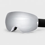 Spherical snow goggle, white frame edge, silver mirror lens, black strap