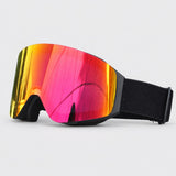 Snow goggle with a matte black frame, red and orange mirror lens and black textured strap, side view