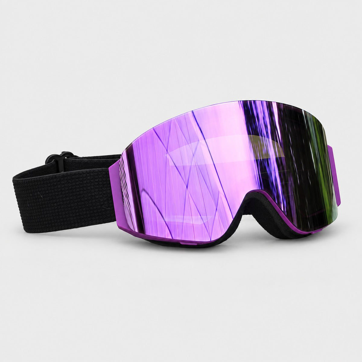 Snow goggle with a purple matte frame, purple mirror lens and black strap with slide buckle, side view