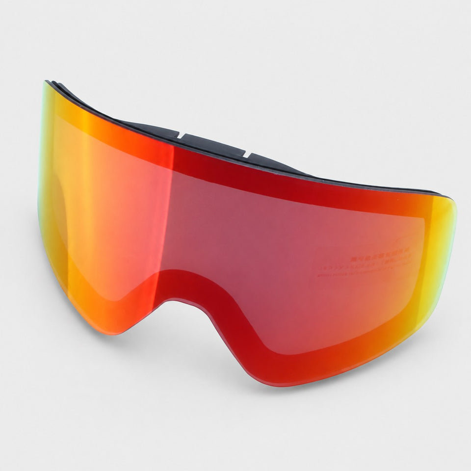 Red revo mirror replacement goggle lens with red to orange-gold reflection, shown on its own on a light grey background