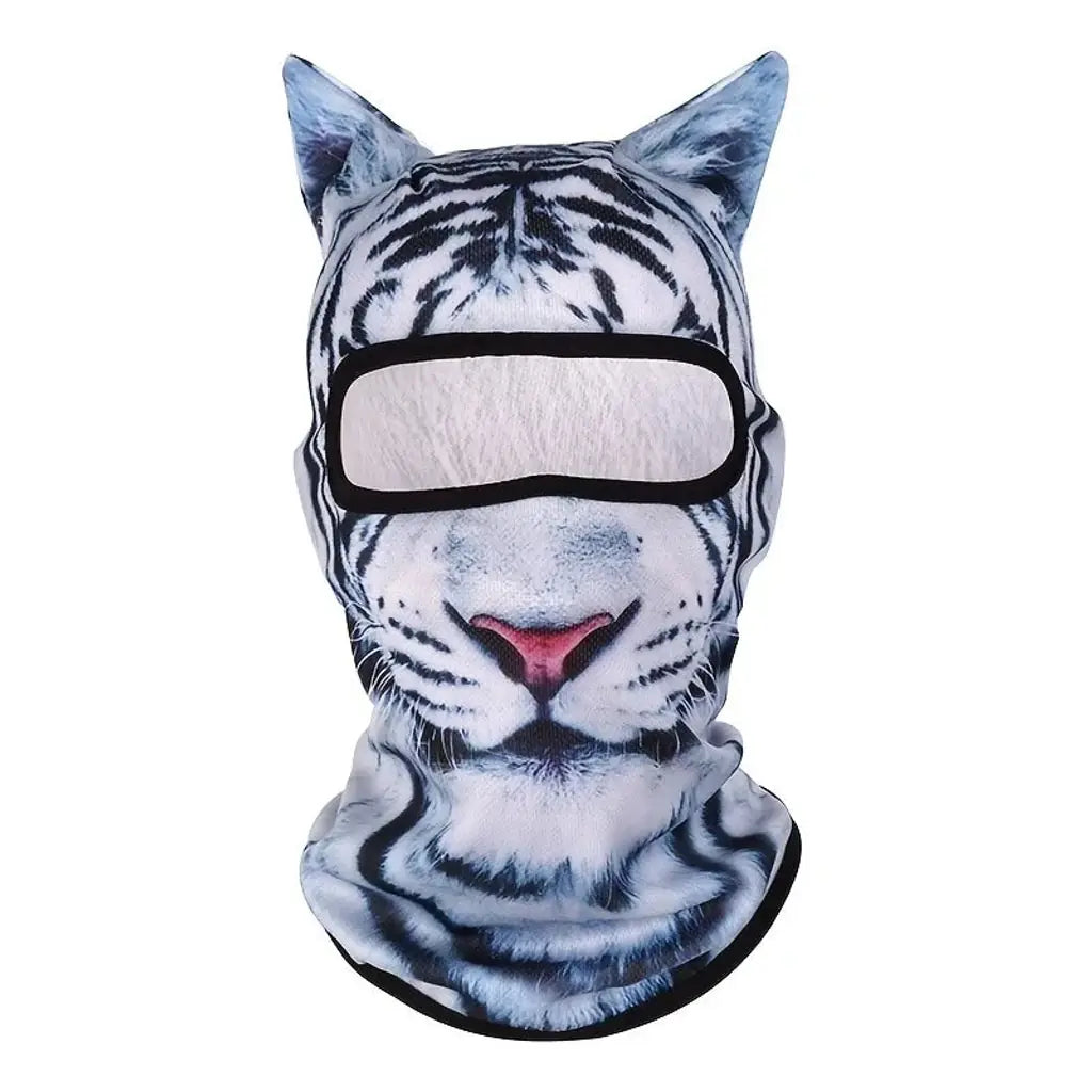 Balaclava printed with a white tiger face, stand-up ears and a black-trimmed eye opening