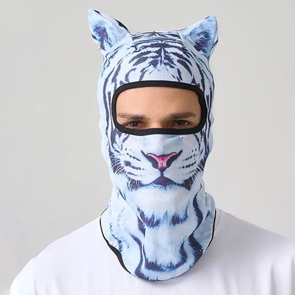 Man wearing the white tiger balaclava, front view, showing the eye opening and neck