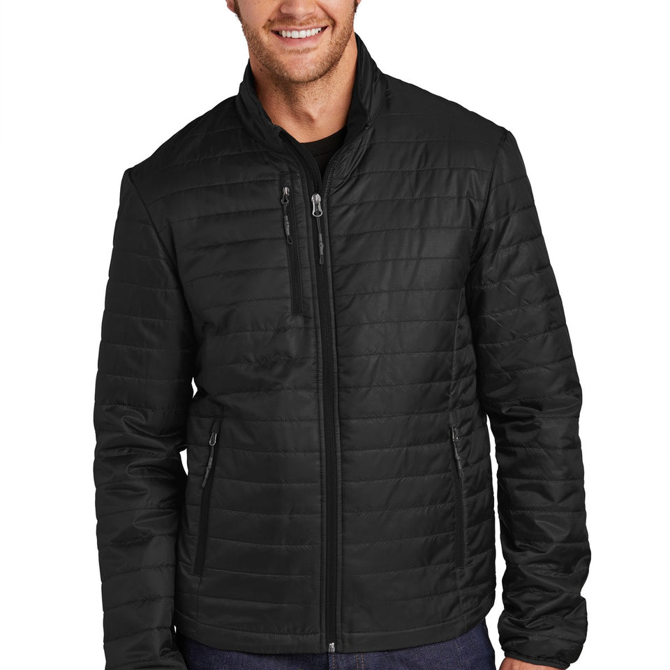 Warm Up Packable Insulated Jacket in Black, front view on a model
