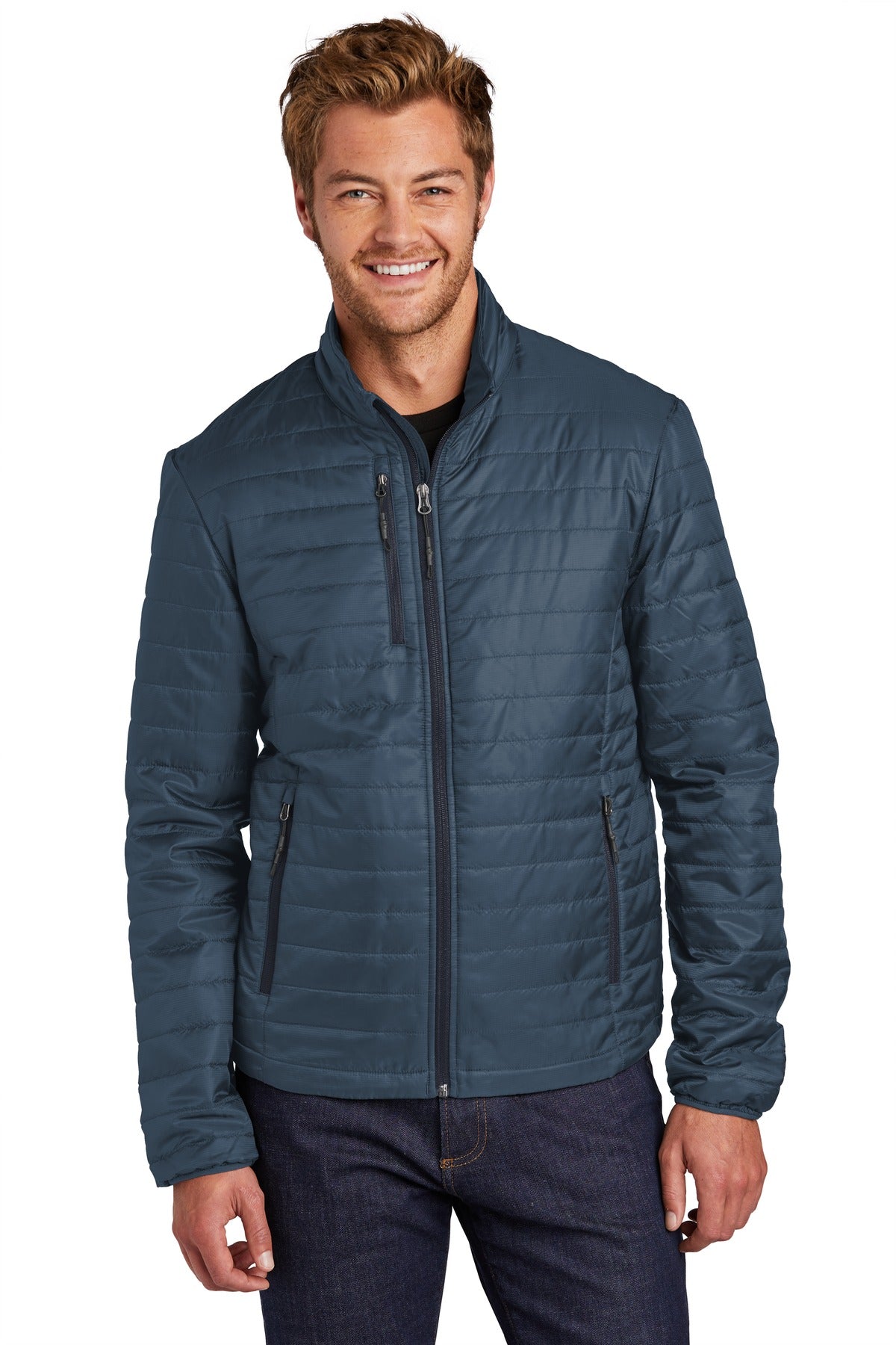 Warm Up Packable Insulated Jacket in Blue with navy zips, front view on a model