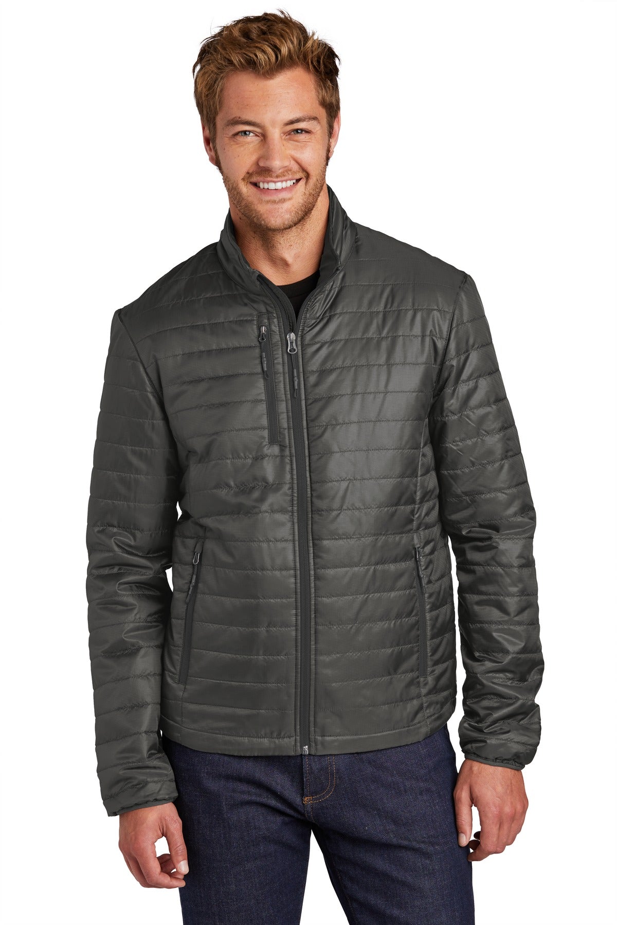 Warm Up Packable Insulated Jacket in Grey with graphite zips, front view on a model