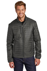 Warm Up Packable Insulated Jacket in Grey with graphite zips, front view on a model
