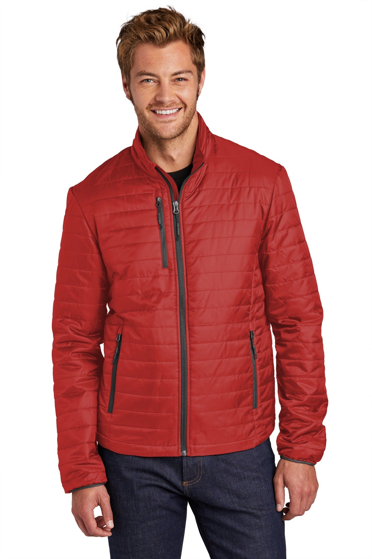 Warm Up Packable Insulated Jacket in Red with graphite zips, front view on a model